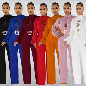Women Elegant Polyester Hollow Out Lace Jumpsuit X6345 Solid Long Sleeve Long Pants Romper With Belt For Party Commuter