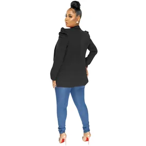 Back view of stylish black women's blazer featuring pleated puffed shoulders and slim fit