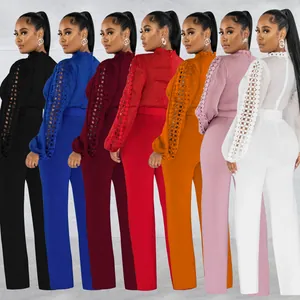 Elegant women's solid color jumpsuit with lace hollow sleeves and high-waist belted pants.