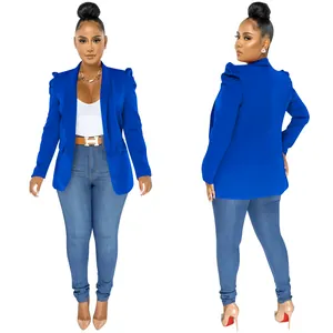 Sophisticated royal blue puff sleeve blazer jacket for women with a sleek professional fit