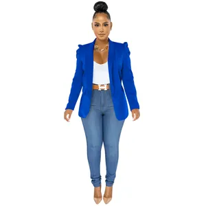 Elegant royal blue pleated long sleeve blazer jacket with puffed shoulders for women