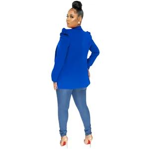 Rear view of a royal blue pleated long sleeve blazer for women on white background