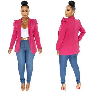 Detailed front and back view of elegant women's fuchsia pleated long sleeve blazer jacket