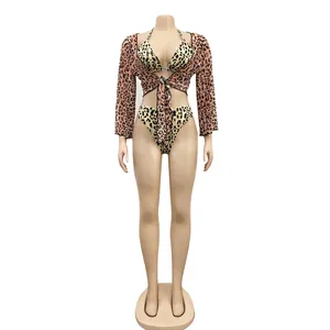 Full view of 3-piece sexy leopard print bikini and mesh cover-up set on mannequin