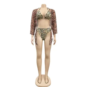 Detailed front display of the three-piece leopard bikini and mesh cardigan set