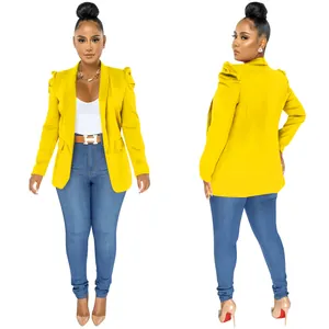 Elegant solid yellow blazer for women featuring pleated sleeves and a classic lapel design