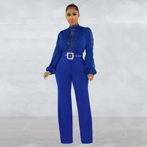 Elegant royal blue long sleeve jumpsuit with lace hollow out detail and matching waist belt