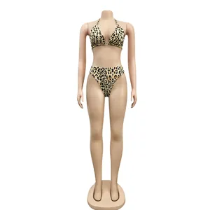 Detailed view of a sexy leopard print mesh bikini set on a professional mannequin