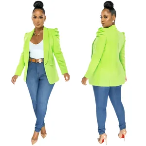 Detail showing front and back view of a neon green pleated long sleeve blazer jacket