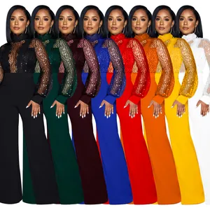Combinaison élégante en dentelle à paillettes, manches longues et pantalon large coloré
