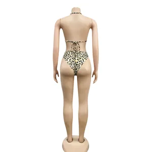 Detailed back view of a sexy leopard print bikini set shown on a female mannequin