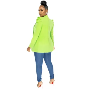 Back view of neon green long-sleeved blazer with puffed shoulder details for women