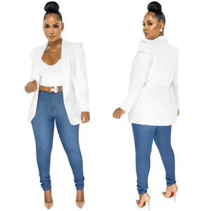 Professional front and back view of elegant white blazer with pleated shoulders for women