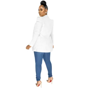 Elegant white long-sleeved blazer with pleated shoulder details for women's fashion