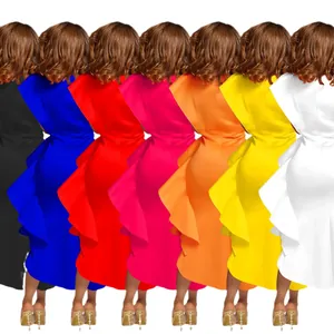 Elegant back view of women's solid ruffle peplum midi dress in multiple vibrant colors