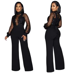 Détail de cette combinaison noire à paillettes pour femmes avec manches longues et jambes larges