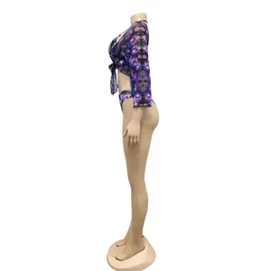 Side view of sexy 3-piece leopard mesh bikini set on mannequin with cover-up