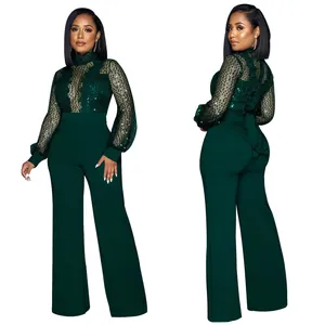 Combinaison élégante en mesh à paillettes vert foncé avec jambe large et lacets au dos