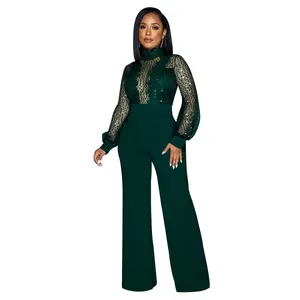 Combinaison femme chic vert foncé à sequins et dentelle transparente, jambe large