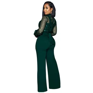 Combinaison tendance vert foncé à paillettes et manches longues avec pantalon large