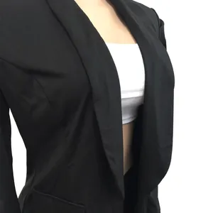 Close-up of a stylish black shawl collar blazer for women with an open front design
