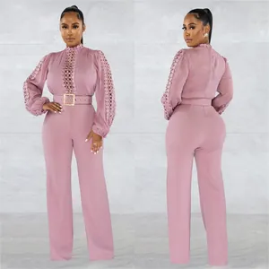 Mauve lace hollow-out long sleeve jumpsuit with belt, front and back view details