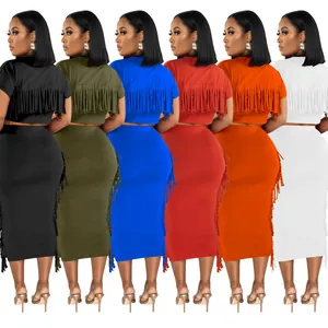 Damen 2-teiliges Outfit mit Fransen, kurzem Oberteil und langem Maxirock Modisches Set