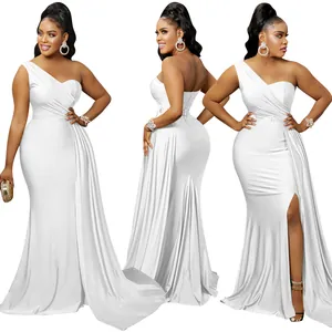 Elegante vestido de noche blanco de un solo hombro con vistas frontal, lateral y trasera