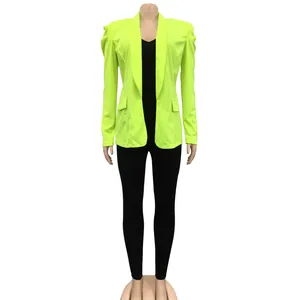 Vibrant neon green women's blazer featuring pleated long sleeves displayed on a mannequin