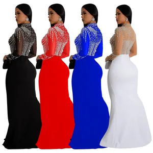 Elegant floor-length mesh evening dress featuring sparkling rhinestones in four colors