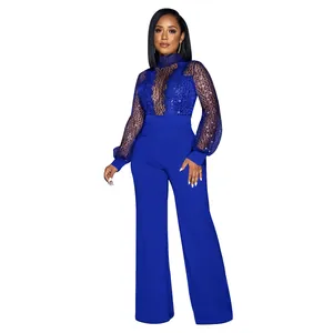 Combinaison élégante en dentelle pailletée bleu roi avec pantalon large pour femme