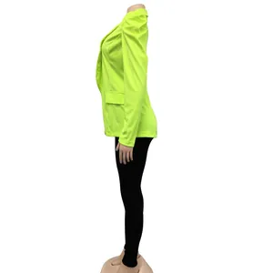 Detailed side view of vibrant neon green pleated long sleeve blazer jacket for women