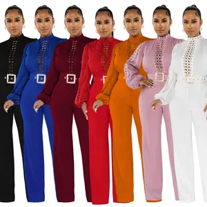 Fashionable lace hollow long sleeve jumpsuit with belt in multiple solid colors