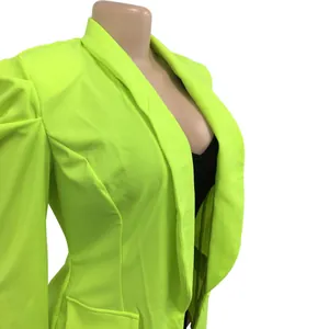 Neon green blazer featuring elegant pleated puffed shoulders and lapel collar details.