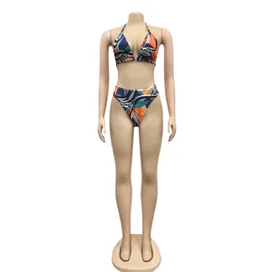 Front view of sexy two-piece bikini set with vibrant abstract graphic print pattern
