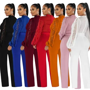 Multi-color women's lace hollow sleeve belted jumpsuit in seven vibrant colors