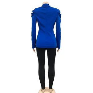 Back view of blue ruched sleeve blazer for women with fashion slim fit design details