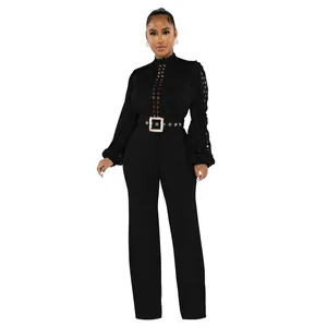 Elegant black long sleeve jumpsuit with lace hollow-out detail and square buckle belt