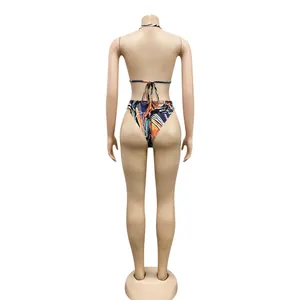 Back view detail of a sexy abstract pattern bikini set on a female mannequin display