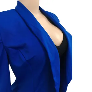Close-up detail of a royal blue solid color long sleeve fashion blazer for women