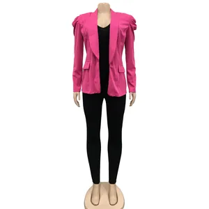 Front view of fuchsia pink blazer with ruched long sleeves on mannequin