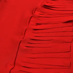 Detaillierte Nahaufnahme des roten Fransen-Designs und der Stofftextur des Kleides.