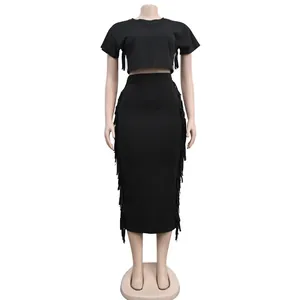 Schwarzes zweiteiliges Fransen-Rockset mit Kurzarm-Crop-Top und langem Maxirock für Damen