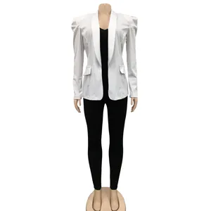 Front view of white pleated shoulder long sleeve blazer jacket for women on mannequin