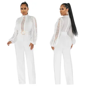 Detailed front and back views of white elegant lace hollow long sleeve jumpsuit with belt