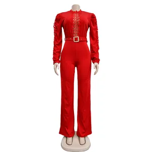 Elegant red long sleeve lace hollow jumpsuit with belt and wide leg pants for women