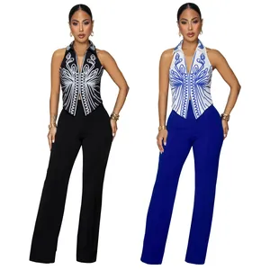 Elegant women's two-piece set featuring printed halter top and high-waisted trousers