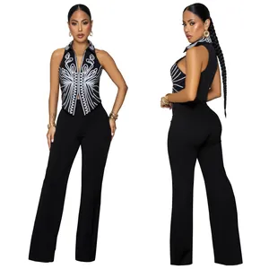 Elegant two-piece set featuring a printed sleeveless top and high-waisted black flared pants