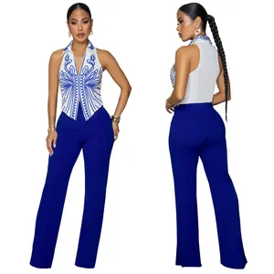 Elegant women's two-piece set with blue embroidered top and matching flared trousers