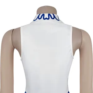 Detailed back view of white sleeveless top featuring elegant blue wavy pattern on collar